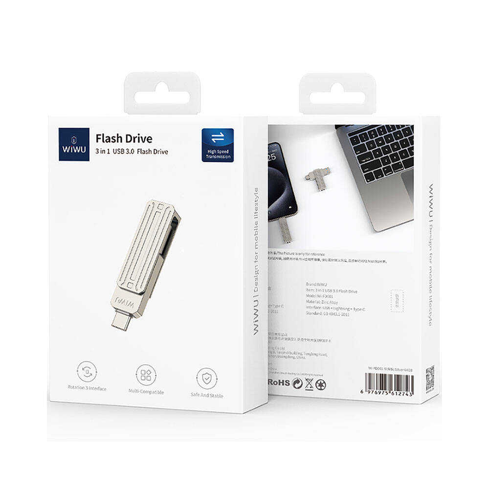 Wiwu Wi-FD001 3in1 USB3.2 Sürücü Disk USB-A + Lightning + Type-C OTG 64 GB Wiwu Wi-FD001 3in1 USB3.2 Sürücü Disk USB-A + Lightning + Type-C OTG 64 GB